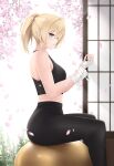  absurdres black_pantyhose black_sports_bra blonde_hair cherry_blossoms curled_fingers green_eyes hand_wraps highres hololive kazama_iroha looking_at_viewer open_door open_mouth pantyhose popcornflakes sexually_suggestive sitting_on_ball sport_ball sports_bra sunlight virtual_youtuber 