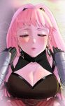  1boy 1girl armor bangs blush breasts byleth_(fire_emblem) byleth_(male)_(fire_emblem) ceroccb earrings fire_emblem fire_emblem:_three_houses gloves hetero highres hilda_valentine_goneril imminent_kiss jewelry large_breasts long_hair long_sleeves open_mouth out_of_frame pink_eyes pink_hair pov pov_hands solo_focus twintails 