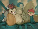  abs absurd_res anthro arms_tied biceps body_hair bound bowser censored censored_genitalia eruprior hair hi_res horn koopa male mario_bros muscular muscular_anthro muscular_male nintendo nipples open_mouth pecs peril red_eyes red_hair scalie shell solo struggling teeth tentacles tongue yellow_body 