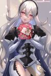  1girl :d ass_visible_through_thighs black_gloves black_hairband black_panties box breasts commentary_request corrin_(female)_(fire_emblem) corrin_(fire_emblem) cowboy_shot fire_emblem fire_emblem_fates gloves grey_hair hairband head_tilt highres holding holding_box juliet_sleeves long_hair long_sleeves looking_at_viewer medium_breasts open_mouth panties puffy_sleeves red_eyes smile snow20200 solo standing thighs underwear very_long_hair 