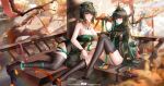  2girls absurdres bangs black_hair black_thighhighs breasts china_dress chinese_clothes cleavage crown dress elbow_gloves feet gloves green_eyes green_hair hair_ornament highres jewelry long_hair looking_at_viewer multicolored_hair multiple_girls no_shoes punishing:_gray_raven qu_(punishing:_gray_raven) red_eyes sitting smll233 soles thighhighs 