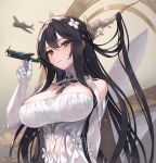  1girl aircraft airplane azur_lane bangs bare_shoulders black_hair breasts cleavage closed_mouth commentary_request dress elbow_gloves flower gloves green_eyes hair_flower hair_ornament hand_up holding indomitable_(azur_lane) large_breasts long_hair looking_at_viewer mitchy1023 off_shoulder solo upper_body white_dress white_gloves 