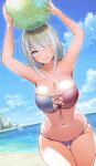  1girl arms_up ball bandeau beach beachball beyblade bikini blue_bikini blue_sky breasts cleavage cloud commentary_request day dermar eyes_visible_through_hair grey_eyes grey_hair hair_over_one_eye heterochromia highres holding holding_ball horizon large_breasts long_hair looking_at_viewer navel ocean open_mouth outdoors pink_eyes sainen_yuko skindentation sky smile solo standing stomach striped striped_bikini swimsuit water_drop 