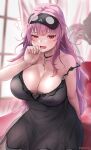  1girl bangs bare_shoulders black_choker black_nightgown blush breasts choker cleavage collarbone highres hololive hololive_english large_breasts long_hair looking_at_viewer messy_hair mori_calliope nightgown open_mouth pink_hair red_eyes saliva sleep_mask solo tinnies virtual_youtuber 