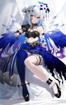  1girl amagasa_yun amane_kanata bangs bare_shoulders black_footwear black_gloves blue_eyes blue_flower blue_hair blue_rose blue_thighhighs blue_wings breasts commentary_request double_bun feathered_wings flower full_body gloves gradient_hair grey_hair hair_between_eyes hair_bun hand_up high_heels highres hololive looking_at_viewer multicolored_hair o-ring o-ring_top parted_lips purple_hair rose shoes single_hair_intake single_thighhigh small_breasts solo thighhighs two-tone_hair virtual_youtuber white_wings wings 