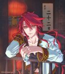  1boy aaron_wei calligraphy cup eiyuu_densetsu holding holding_cup ilphain kuro_no_kiseki lantern leaning_forward leaning_on_object leaning_on_rail long_hair long_sleeves paper_lantern red_hair smile solo twitter_username yellow_eyes 