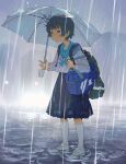  1girl backpack bag blouse blue_hair blue_sailor_collar blue_skirt bow bowtie dark_blue_hair flood half-closed_eyes highres holding holding_umbrella kneehighs light_blush neck original pleated_skirt rain sailor_collar school_uniform see-through serafuku shirt shoes short_hair shoulder_bag skirt sneakers socks tessaku_ro umbrella uniform wading water wet wet_clothes white_footwear white_socks 