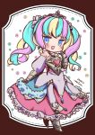  1girl :d absurdres aqua_hair armor bare_shoulders blonde_hair blue_eyes blush breastplate chibi dress frilled_dress frills full_body gauntlets highres long_dress merico multicolored_hair pink_dress pink_hair princess princess_(sekaiju) princess_5_(sekaiju) sekaiju_no_meikyuu sekaiju_no_meikyuu_3 sekaiju_no_meikyuu_hd signature sleeveless sleeveless_dress smile solo tiara 