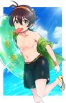  1boy black_hair blue_sky cloud commentary_request flip-flops food green_eyes green_jacket hairband holding holding_innertube innertube jacket jojo_no_kimyou_na_bouken male_focus male_swimwear mouth_hold narancia_ghirga navel ocean orange_hairband orange_wristband popsicle sandals seta_makoto sky solo sunlight swim_trunks vento_aureo 