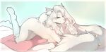  anthro bell blue_eyes breasts clothing domestic_cat felid feline felis female hair hazelkisses legwear long_hair long_tail looking_at_viewer mammal nipples pillow pink_nose side_boob sine_(character) solo stockings tail white_body white_hair 