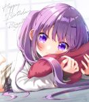  1girl bangs barefoot blush closed_mouth gochuumon_wa_usagi_desu_ka? hair_ornament hairclip happy_birthday heart highres long_hair long_sleeves looking_at_viewer lying mozukun43 on_stomach plaid plaid_skirt pleated_skirt purple_eyes purple_hair skirt smile solo tedeza_rize the_pose twintails 