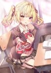  1girl blonde_hair blush chocolate garter_straps hair_ribbon heterochromia highres holding hoshikawa_sara long_sleeves looking_at_viewer neck_ribbon nijisanji open_mouth orange_eyes red_eyes ribbon school_uniform shizuku_(shizukusushi) sitting sleeves_past_wrists star_(symbol) thigh_strap thighhighs twintails valentine virtual_youtuber 