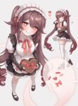  1girl ? alternate_costume apron bangs black_gloves black_nails black_skirt blush boo_tao_(genshin_impact) bow bowtie box box_of_chocolates brown_hair chocolate commentary_request drill_hair elbow_gloves enmaided fingerless_gloves food genshin_impact gloves grin heart heart-shaped_pupils high_heels highres holding holding_chocolate holding_food hu_tao_(genshin_impact) long_hair looking_at_viewer maid maid_apron maid_headdress mary_janes miho_(mymiho) multicolored_nails multiple_views neck_ribbon red_bow red_bowtie red_eyes red_nails red_ribbon ribbon shirt shoes skirt smile socks symbol-shaped_pupils thighhighs twintails valentine very_long_hair white_shirt white_socks white_thighhighs 