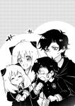  2boys 2girls aged_up anger_vein anya&#039;s_heh_face_(meme) anya_(spy_x_family) cape carrying child damian_desmond dual_persona eden_academy_school_uniform female_child frown greyscale half-closed_eyes male_child meme monochrome multiple_boys multiple_girls nako_(unclebanana) open_mouth school_uniform smile spy_x_family sweat 