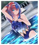  1girl akira_miku_ver alear_(female)_(fire_emblem) alear_(fire_emblem) bangs blue_eyes blue_hair breasts cleavage crossed_bangs fire_emblem fire_emblem_engage heterochromia highres long_hair looking_at_viewer medium_breasts multicolored_hair navel official_alternate_costume one-piece_swimsuit open_mouth pool red_eyes red_hair solo split-color_hair swimming swimsuit two-tone_hair very_long_hair water wet 