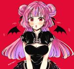  1girl :o bangs black_dress black_ribbon black_wings blush breasts cleavage cleavage_cutout clothing_cutout commentary_request detached_wings double_bun dress hair_bun hair_ribbon large_breasts long_hair looking_at_viewer motion_lines open_mouth original pink_hair red_background red_eyes ribbon short_sleeves signature simple_background solo standing sugano_manami wings 