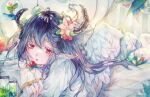  1girl absurdres angel_wings blue_hair colored_eyelashes dark_blue_hair facial_mark flower food fruit guzangnanfeng highres horns long_hair long_sleeves lying open_mouth original painting_(medium) pointy_ears red_eyes solo strawberry traditional_media watercolor_(medium) white_wings wings 