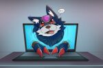  bandai_namco belt blep blue_body blue_fur canid canine claws computer digimon english_text feral fur gem hi_res laptop loogamon looking_at_viewer mammal red_eyes solo text thenavwolf tongue tongue_out 