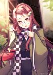  1girl :o aoko_(myut7287) artist_name black_kimono breasts brown_eyes brown_hair candy checkered_clothes checkered_scarf food futatsuiwa_mamizou futatsuiwa_mamizou_(human) glasses green_kimono highres holding japanese_clothes kimono large_breasts leaf leaf_on_head long_hair long_sleeves open_mouth outdoors raccoon_girl scarf solo touhou upper_body 