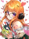  1girl :o absurdres adamusuki_(user_aahn7557) bare_shoulders behind-the-head_headphones blurry blush cat chocolate commentary_request depth_of_field fur-trimmed_jacket fur_trim furrowed_brow glasses green_jacket headphones heart highres holding jacket long_hair looking_at_viewer off_shoulder open_mouth orange_hair persona persona_5 purple_eyes sakura_futaba solo upper_body valentine 