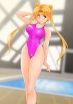  1girl absurdres arena_(company) bishoujo_senshi_sailor_moon blonde_hair blurry blurry_background breasts competition_swimsuit crescent crescent_earrings earrings feet_out_of_frame hair_bun highleg highleg_swimsuit highres indoors jewelry large_breasts logo long_hair looking_at_viewer nanashi_noiji one-piece_swimsuit pink_one-piece_swimsuit pool rei_no_pool smile solo standing swimsuit tsukino_usagi twintails 
