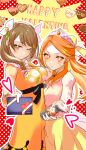  2girls absurdres alternate_costume bare_shoulders box braid breasts brown_eyes brown_hair commentary_request cowboy_shot dress etie_(fire_emblem) fire_emblem fire_emblem_engage goldmary_(fire_emblem) happy_valentine highres holding holding_box large_breasts long_hair mu_tu_bu multiple_girls orange_dress orange_eyes orange_hair shirt single_braid skirt sleeveless sleeveless_dress standing tiara white_shirt yellow_background yellow_skirt 