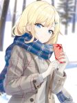  1girl aizawa_ema bangs blonde_hair blue_eyes blue_scarf brown_coat cardigan checkered_clothes checkered_coat checkered_scarf coat gift grey_cardigan hair_between_eyes hair_flaps hair_ornament hairclip highres holding holding_gift long_hair looking_at_viewer open_clothes open_coat outdoors pine_tree scarf sidelocks smile snow solo solo_focus standing stream swept_bangs tree valentine virtual_youtuber vspo! you0330 