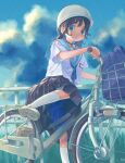  1girl bag bicycle bicycle_basket black_hair black_skirt blue_sailor_collar blue_shorts blue_sky cloud collared_shirt cruiser_bicycle from_below ground_vehicle helmet kneehighs looking_down mounting name_tag necktie original pleated_skirt railing sailor_collar sailor_shirt school_bag school_uniform serafuku shirt shoe_soles shoes short_sleeves shorts shorts_under_skirt skirt sky sneakers socks summer summer_uniform tessaku_ro twintails white_footwear white_headwear white_shirt white_socks 