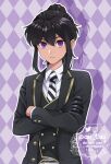  1other aii_taii androgynous argyle argyle_background black_gloves black_hair black_jacket commentary commission crossed_arms diagonal-striped_necktie english_commentary frown gloves half_gloves jacket original ponytail purple_eyes solo twitter_username upper_body vest watermark 