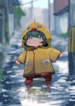  1girl alternate_costume boots determined duck_hood green_eyes green_hair highres hood hood_up komano_aunn long_sleeves outstretched_arms rain rubber_boots solo thick_eyebrows touhou uchisaki_himari yellow_raincoat 
