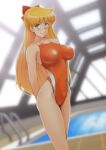 1girl absurdres aino_minako arms_behind_back bangs bishoujo_senshi_sailor_moon blonde_hair blue_eyes bow commentary_request competition_swimsuit dutch_angle feet_out_of_frame hair_bow highleg highleg_swimsuit highres indoors long_hair looking_at_viewer nanashi_noiji one-piece_swimsuit orange_one-piece_swimsuit pool pool_ladder red_bow rei_no_pool solo swimsuit two-tone_swimsuit 