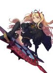  1girl bangs black_cape black_dress black_gloves black_thighhighs blonde_hair breasts cape coffeekite dark-skinned_female dark_skin dress earrings ereshkigal_(fate) ereshkigal_alter_(fate) fate/grand_order fate_(series) fur-trimmed_cape fur_trim gloves hair_ribbon highres hoop_earrings jewelry long_hair long_sleeves looking_at_viewer medium_breasts parted_bangs red_eyes ribbon solo thighhighs tiara two_side_up weapon 