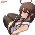  1girl belt blue_eyes braid brown_hair chest_harness dated hair_flaps hair_ornament hair_over_shoulder harness kantai_collection kantai_collection_(anime) looking_at_viewer m.a.o multicolored_clothes neckerchief necktie off_shoulder red_armband red_neckerchief red_necktie school_uniform serafuku shigure_(kancolle) shigure_kai_san_(kancolle) single_braid sitting sleeveless thighhighs twitter_username two-tone_shirt white_background white_belt 