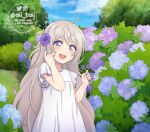  1girl ahoge aii_taii blue_sky bush commentary dress english_commentary flower holding holding_flower light_brown_hair long_hair mole mole_under_mouth multicolored_eyes open_mouth original purple_eyes sky smile solo tree twitter_username very_long_hair watermark white_dress yellow_eyes 