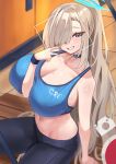  1girl absurdres arm_support asuna_(blue_archive) black_pants blue_archive blue_choker blue_eyes blue_sports_bra breasts choker funaya_(a2brasd) grin hair_over_one_eye halo high_ponytail highres huge_breasts light_brown_hair long_hair looking_at_viewer midriff mole mole_on_breast navel pants sitting smile solo sports_bra v very_long_hair 