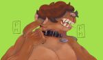  anthro bodily_fluids bovid caprine collar drooling male mammal micropaloma muscular muscular_male name_tag open_mouth saliva saliva_string solo 