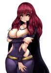  1girl belt black_cape breasts cape cleavage commentary covered_navel cowboy_shot facial_mark fire_emblem fire_emblem_engage highres hip_vent jewelry large_breasts long_hair looking_at_viewer purple_eyes red_hair ring short_sleeves simple_background sizebrush smile solo standing star_(symbol) thighs white_background yunaka_(fire_emblem) 