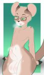  absurd_res anthro balls big_balls brown_body brown_fur buckteeth chainilla_(artist) erection eyewear fur genitals glasses green_eyes hi_res long_tail looking_down male mammal mouse murid murine nude penis pent_up rodent round_ears sitting solo spots tail teeth 