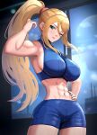  1girl abs absurdres biceps blonde_hair breasts crop_top gonzarez hand_on_hip highres large_breasts looking_at_viewer metroid metroid_fusion muscular muscular_female navel one_eye_closed ponytail samus_aran short_shorts shorts sideboob solo standing stomach 
