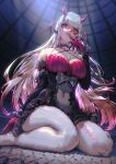  1girl bangs bare_shoulders breasts cleavage commission detached_sleeves dutch_angle finger_to_mouth gloves gradient_hair head_wings highres horns kio_naoki kneeling large_breasts legs long_hair looking_at_viewer multicolored_hair no_shoes original pantyhose pink_eyes pink_gloves slit_pupils solo white_hair 