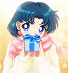  bangs bishoujo_senshi_sailor_moon blue_eyes blue_hair earrings gift highres jewelry mizuno_ami pirochi scarf short_hair stud_earrings sweater swept_bangs valentine 