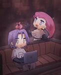  1boy 1girl blue_eyes blue_hair chibi computer gift green_eyes happy happy_valentine highres james_(pokemon) jessie_(pokemon) pink_hair pokemon pokemon_(anime) sitting surprised sweatdrop team_rocket xian_(axxxx-721) 