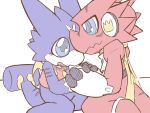  a_midnight_cat anthro bandai_namco blue_eyes blush digimon digimon_(species) digimon_xros_wars dragon duo gumdramon hand_holding headphones hi_res male male/male purple_body red_body scarf shoutmon wings 