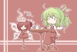  216 bangs cake cake_slice collared_shirt cup daiyousei eating fairy_wings flower food green_eyes green_hair hair_ribbon holding holding_flower looking_at_viewer red_shirt red_skirt red_theme red_vest ribbon shirt shoes short_hair side_ponytail skirt smile socks sunflower sunflower_fairy_(touhou) table teapot touhou vest wings 