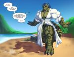  agonwolfe amber_eyes anthro armadillo_girdled_lizard barefoot beach big_muscles blue_hair claws clothed clothing dress feet female girdled_lizard hair huge_muscles humanoid hyper hyper_muscles lizard muscular pecs quadriceps reptile scalie seaside solo spikes tail thick_thighs toe_claws walking 