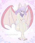  bat blush claws female hair hazelkisses hi_res looking_at_viewer mammal nipples pink_nipples purple_hair simple_background solo wings 