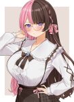  1girl bow breasts brown_hair glasses hair_ribbon hand_on_hip highres iris_black_games large_breasts long_hair long_sleeves looking_at_viewer multicolored_hair pink_hair purple_eyes ribbon round_eyewear skirt solo split-color_hair tachibana_hinano_(vtuber) two-tone_hair tyoko_tanuki16 virtual_youtuber vspo! 