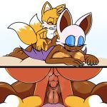  2_tails anal anal_penetration anthro anus balls bat big_breasts bite biting_lip blush breast_squish breasts canid canine duo eyes_closed female fox genitals hyoumaru looking_pleasured lying male male/female mammal miles_prower multi_tail nipples on_front penetration penis prone_bone rouge_the_bat sega sonic_the_hedgehog_(series) squish suntan tail tan_body tan_line wings 