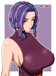  1girl bangs blue_hair boku_no_hero_academia breasts character_name closed_mouth collarbone commentary covered_nipples disgust forehead from_side frown highres lady_nagant large_breasts looking_at_viewer metal_man10 multicolored_hair no_bra outline parted_bangs pink_hair purple_background purple_shirt raised_eyebrow red_eyes shirt short_hair sideboob sidelocks simple_background sleeveless sleeveless_shirt solo streaked_hair taut_clothes taut_shirt translated turtleneck two-tone_hair upper_body 