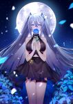  absurdres azur_lane bangs bare_shoulders black_dress blue_eyes blue_flower blue_rose blue_theme breasts cleavage commission commissioner_upload covering_mouth dress essex_(azur_lane) essex_(craft_fairytail)_(azur_lane) expressionless falling_petals flower full_moon grey_hair hair_ornament highres intrepid_(azur_lane) large_breasts long_hair looking_at_viewer md5_mismatch moon night night_sky petals resolution_mismatch rose sagta_panggang sky source_smaller straight-on thigh_strap thighs twintails wristband 